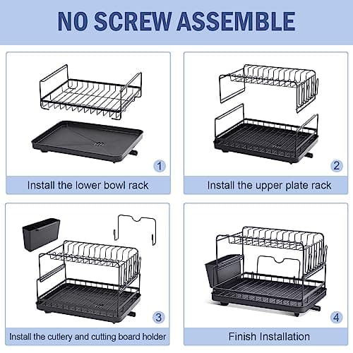 TOOLF Dish Drying Rack, 2 Tier Dish Rack for Kitchen Counter, Dish Drainer with Cutlery & Cup Holder Auto Drainage System, Black 8