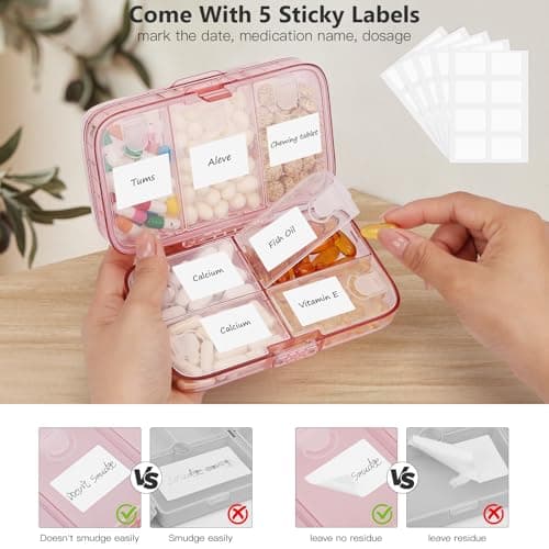 FYY Weekly Pill Organizer with Labels,8 Compartments Travel Daily Pill Case Airtight Moistureproof Large Pill Box to Hold Vitamins, Fish Oil, Supplements,Cotton Swab and Bandages-Pink 5