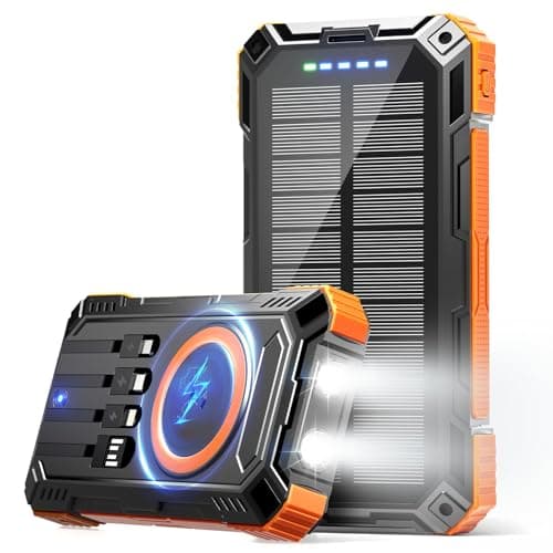 Solar Power Bank 49800mAh Wireless Portable Charger with USB-C 15W Fast Charging with 4 Built-in Cables LED Flashlight Battery Pack Compatible with iPhone, iPad, Smartphone,Perfect for Camping, Hiking