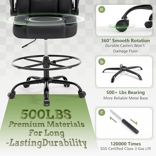 500LBS Drafting Chair, High Back Safer Standing Desk Chair, Executive Tall Office Chair with Flip-up Armrests, Upholstered PU Leather Task Chair, Ergonomic Seat with Adjustable Height&Foot Ring, Black 9
