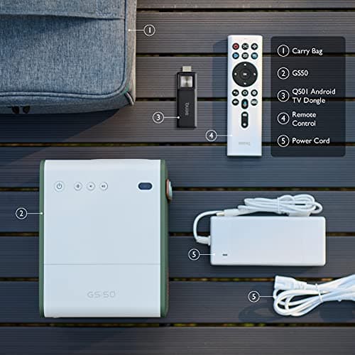 BenQ GS50 w/ carry bag1080p Wireless Outdoor 4K Supported Portable Projector | Bluetooth Speaker | IPX2 Splash & Drop Resistant | WiFi | Android TV | Chromecast & AirPlay | Auto Focus | 2D Keystone 7