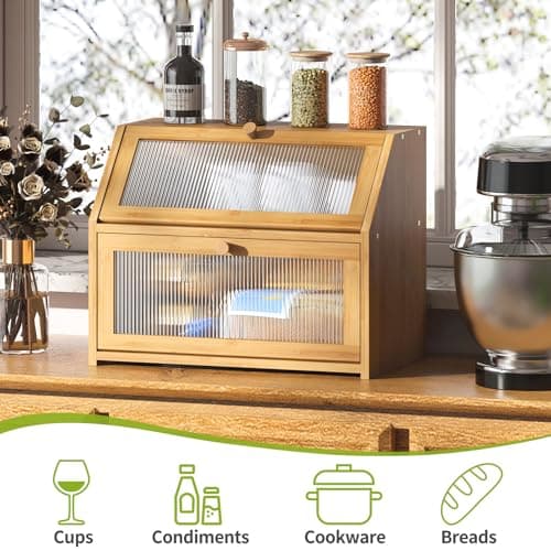 BMOSU Large Bread Box for Kitchen Countertop,Double Layer Bread Box for Kitchen Counter,Bamboo Wood Bread box Capacity Bin Storage(Natural) 5