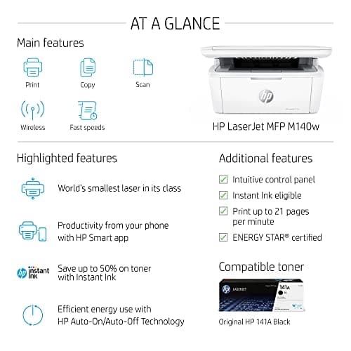 HP Laserjet MFP M140w Wireless Monochrome All-in-One Printer, Copier, Scanner, Phone, Tablet, for Home, Office Use, Easy Setup, Auto-On/Off Technology Compact White 7MD72F (Renewed) 3