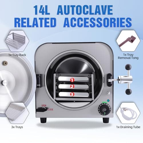 DACAT-RICHFU TR250E 14L Autoclave High Pressure Steam Machine for Dental Lab Salon 251.6°F Professional Stainless Steel Equipment with 3 Trays and Pressure Gauge 900W 4