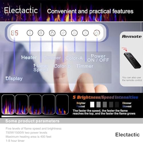 Electactic 60 Inch Electric Fireplace Insert Ultra-Thin - Recessed & Wall-Mounted Fireplace Heater with Thermostat, Adjustable Flame, Remote Control - Linear with Timer, Touch Screen, 750/1500W 6