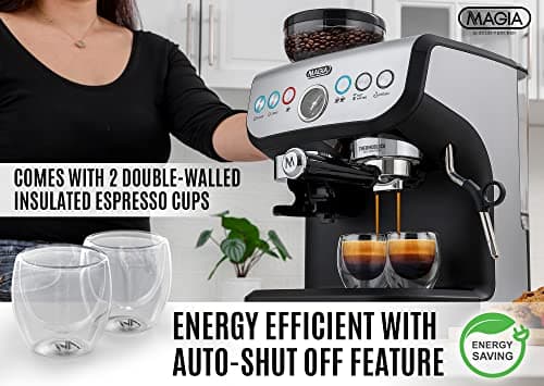 Zulay Kitchen Magia Manual Espresso Machine with Built-In Grinder & Steam Wand – 15 Bar Pressure Espresso Maker, 2L Removable Water Tank, Milk Frother, Complete Home Barista Set, Black & Silver 7