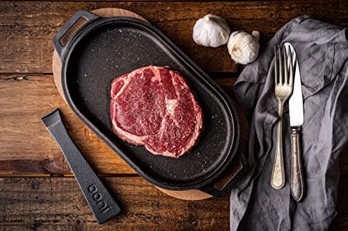ooni Cast Iron Sizzler Pan - Griddle Frying Pan, 12" x 6" Sizzler Plate with Removable Handle and Bamboo Trivet, Pre-Seasoned Non-Stick Oven Safe Cookware, Pizza Oven and BBQ Accessories 8