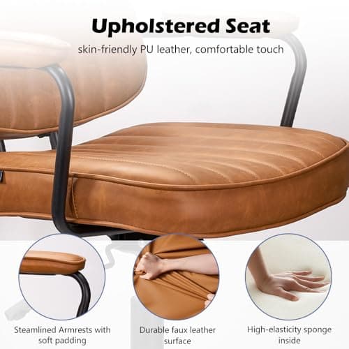 Artswish Brown Leather Desk Chair, Mid Century Desk Chair for Adjustable Height and Backrest, Ergonomic Office Chairs with Arms and Wheels 5