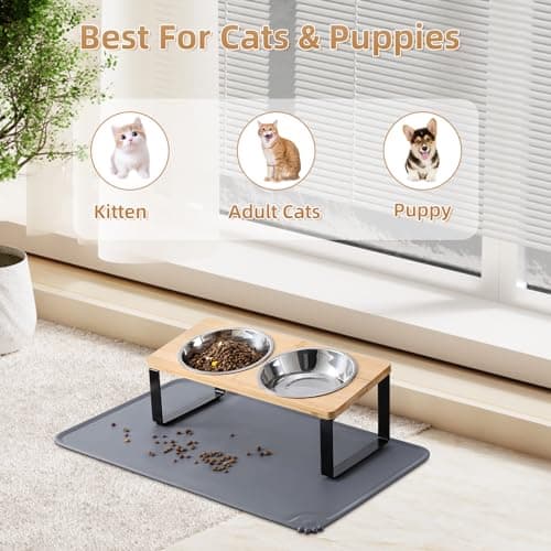 Upgraded Elevated Cat Bowls with Food Mat,15°Tilted Stand Anti Vomiting Raised Cat Dishes for Food and Water,2 Stainless Steel Bowls for Cats and Puppy 6