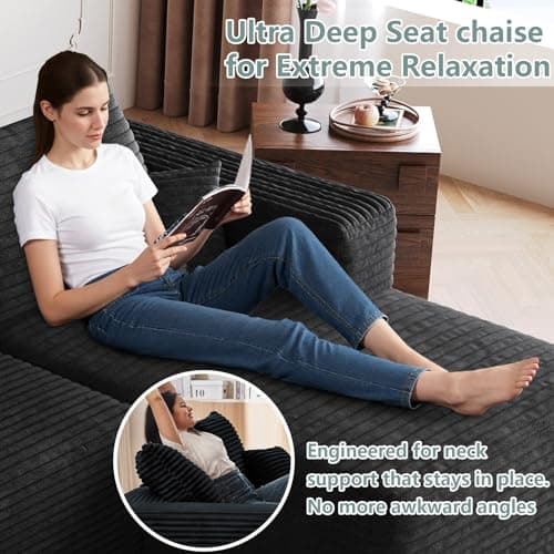 95" Modular Sectional Sofa with Ottoman, Modern Corduroy Cloud Couch with Deep Seat, Boneless Couch Upholstered 3-Seater U-Shaped Sofa for Living Room, No Assembly (Black,Right-Facing Chaise) 5