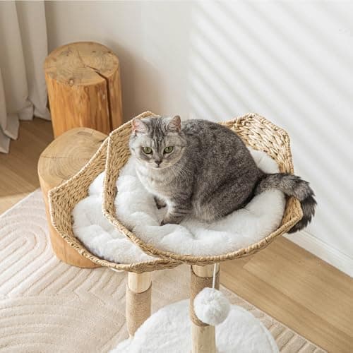 Modern Cat Tree for Indoor Cats Large Adult, 46.5" Tall Wooden Cat Tower for Large Cats with Scratching Post, Luxury Cat Condo, White 7