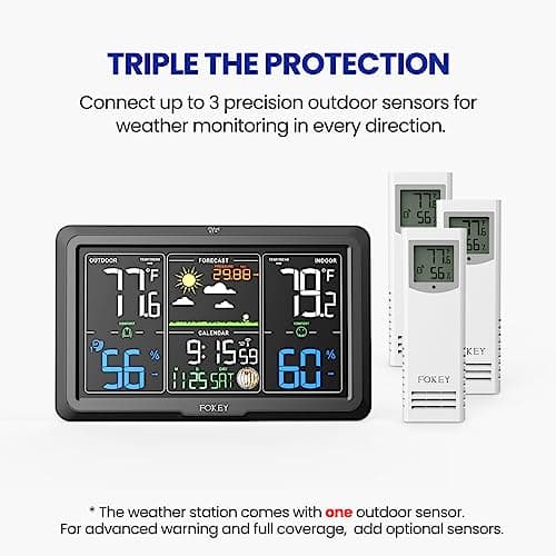 Fokey Weather Station Wireless Indoor Outdoor, Indoor Outdoor Thermometer Wireless Clock, Weather Stations Digital Home Gauge 7.6in Large Display Atomic Clock Temperature Humidity Phase, Black 5
