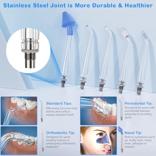 Water Dental Flosser for Teeth Cleaning and Flossing with Travel Size Case – Rechargeable Oral Irrigator, KOOVON Portable Water Flosser for Adults, IPX7 Waterproof, 5 Jet Tips & 4 Modes, Blue 6