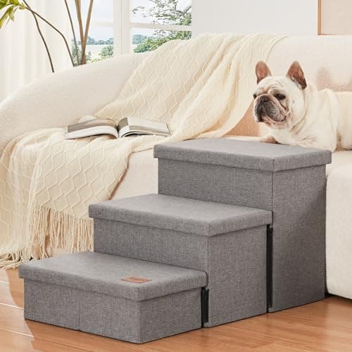 Love's cabin Dog Stairs for High Bed 18" H, Foldable Pet Stairs for Small Medium or Large Dogs Puppy with Storage for Bed or Couch, Cat Dog Steps Ramp with Zip up to 200 lbs, Solid Grey, 3 Steps 8