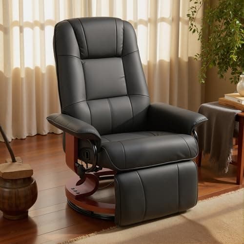 HOMCOM Swivel Recliner Chair, PU Leather Adjustable Lounge Chair with Footrest, Armrest, Wooden Base, Plush Recliner for Living Room, Black 8