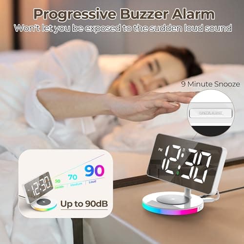 Digital Alarm Clock with Wireless Charging, Mirrored LED Clock for Bedroom Decor with 5 Brightness+OFF, USB Charger, Progressive Volume, Dimmable Light Alarm Clock for Home, Bedroom Office Decor 6