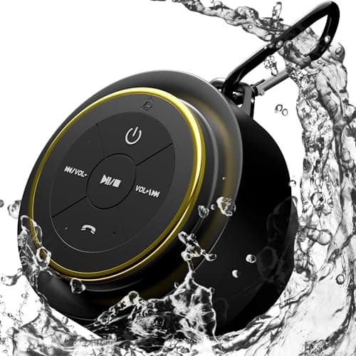 iFox Portable Bluetooth Shower Speaker, IPX7 Waterproof Outdoor Wireless Speaker, Built-in Mic, Carabiner, Beach, Camping, Hiking, Pool, Great Gift, Black/Gold 8