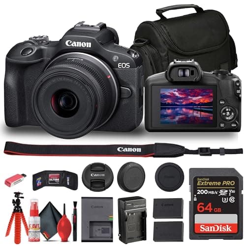 Canon EOS R100 Mirrorless Camera with 18-45mm Lens (6052C012) + 64GB Card + LPE17 Battery + Charger + Card Reader + Flex Tripod + Cleaning Kit + Memory Wallet + Bag