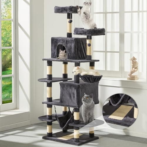 Mdeam Cat Tree 74 Inch Multi-Level Large Cat Tower with 16 Sisal Scratching Posts, 2 Caves, 2 Perches, Hammock, Scratching Board, Basket, Cozy Plush Cat Perches for Indoor Large Cats (Dark Gray)