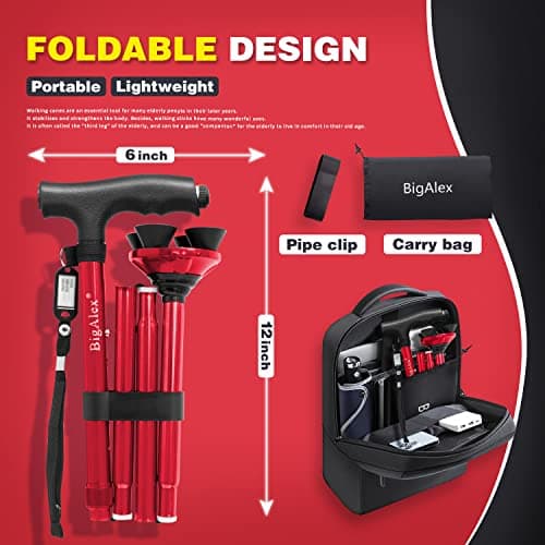 BigAlex Folding Walking Cane with LED Light,Pivoting Quad Base,Adjustable Walking Stick with Carrying Bag for Man/Woman (Alloy Base) 5