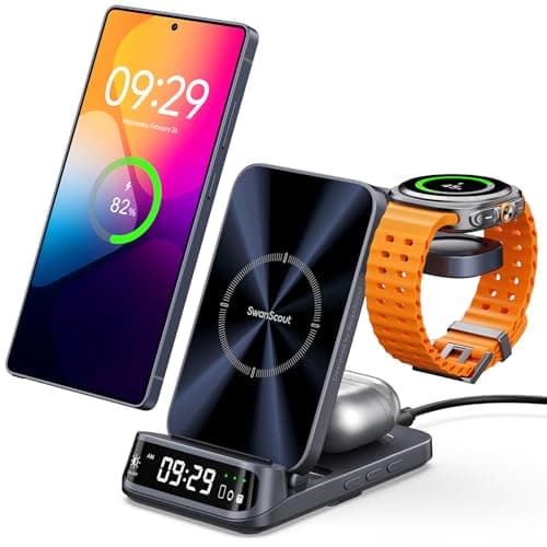 SwanScout 708S 3-in-1 Wireless Charging Station for Samsung S25 Ultra/S25/S24/S23/S22/Z Flip7, Foldable Wireless Charger for Galaxy Watch 8 Classic/8/Ultra/7/FE/6/5 (No Adapter)