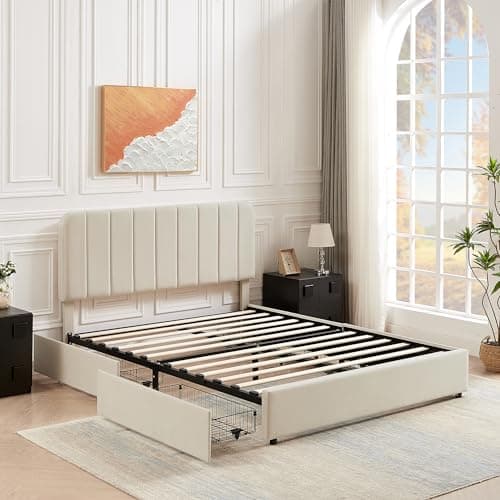 VECELO Full Size Upholstered Bed Frame with 4 Drawers and Adjustable Headboard, Velvet Platform Storage Bedframe Mattress Foundation, Wooden Slats Support, No Box Spring Needed, Beige 6