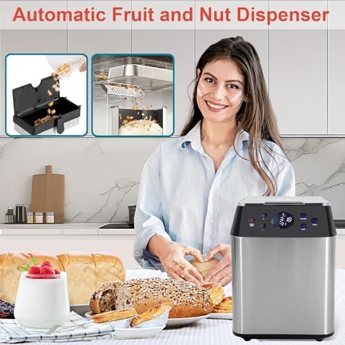 3LB Larger & 20-in-1 Ultra Quiet Bread Maker Machine, 850W Die-Cast Ceramic Pan Bread Machine with Dual Heaters, Stainless steel Breadmaker with Auto Fruit Dispenser & 2 Custom Menus,Extra 2 Paddles 5