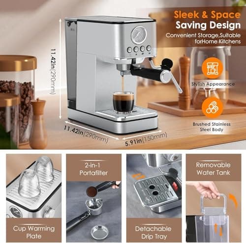 Espresso Machine Coffee Makers 20 Bar, Stainless Steel Espresso Machine with Milk Frother/Steam Wand for Espresso, Latte and Cappuccino - Premium Home Coffee Maker for Barista Quality Drinks 4