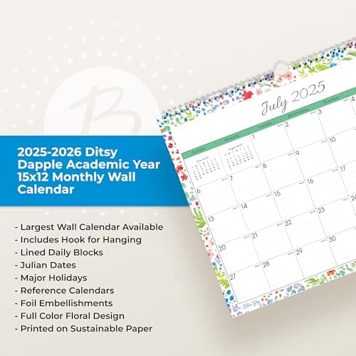 Blue Sky 2025-2026 Monthly Academic Year Wall Calendar, July 2025 - June 2026, 15" x 12", Durable Twin Wire Binding, Perfect For Home, Office And Classroom, Ditsy Dapple Light 6