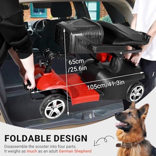 FWFFWF Mobility Scooter, 4 Wheels Rechargeable Electric Scooter for Adults and Seniors W/Lights,Removable Basket, Rotating Seat and Cup Holder, Red 8