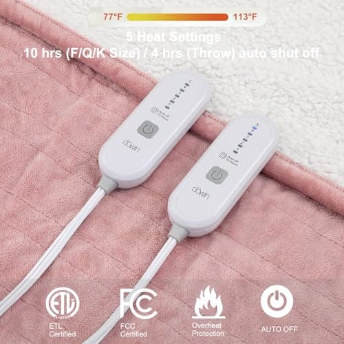 Dowin Pink Heated Blanket Queen Size - Electric Blankets with Dual Control, 5 Heating Levels, 10 Hrs Auto Off, Sherpa Flannel Warming Blanket for Bed, Machine Washable, 84×90" 4