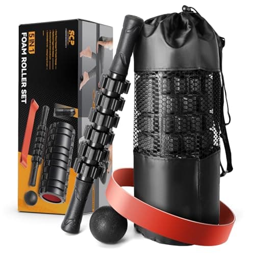 5 in1 Foam Roller Set, Trigger Point Foam Roller, Massage Roller Stick, Massage Ball, Resistance Band for Deep Muscle Massage Pilates Yoga,Fitness Exercise for Whole Body (Black-Red) 8