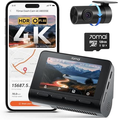 70mai 4K Dash Cam Front and Rear, Built in Wi-Fi 6 & GPS Car Camera, Super Night Vision, ADAS, 3'' IPS Screen, 24H Parking Mode, Time-Lapse, Loop Recording, with 128GB Card (A800SE)
