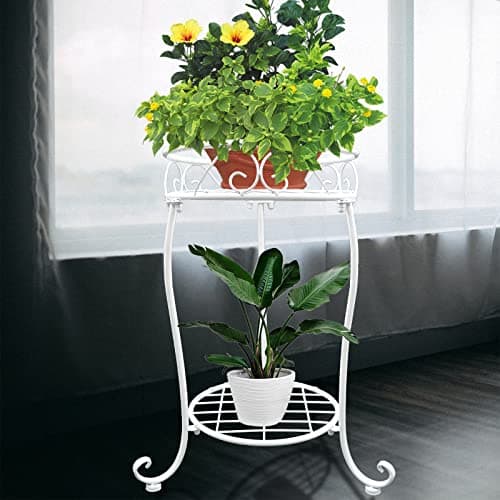 NAKUPE White Metal Plant Stand, 18.5 inch Tall 2 Tier Potted Holder Rack, Heavy Duty Flower Pot Shelf for Indoor Outdoor Patio Balcony Corner Garden