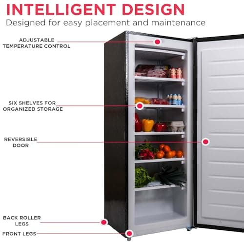 Frigidaire Upright Freezer, 6.5 cu. ft., Deep Freeze, Vinyl Coated Metal with Wire Shelving, Compact for Kitchen, RV, Dorm, Cabin, and Trailer, Platinum Design Series, Silver - 21D x 23W x 56H 6