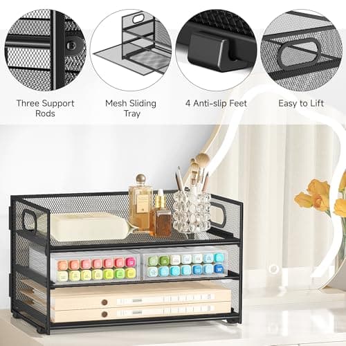 Subekyu 3 Tier Paper Letter Tray Organizer for Desk, Black Metal Mesh Desk File Folder Sorter Organizer with Handle and Sliding Tray for Home, Office, School Supplies Organization Storage 6