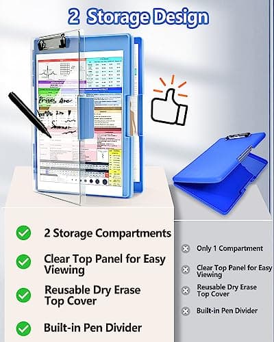 Clearview Clipboard with 2 Storage, Dry Erase 8.5x11 Heavy Duty ClipBoards - High Capacity Coaches Clip Board with Pen Holder - Side Opening Plastic Nursing Clip Case - Aqua Blue 8