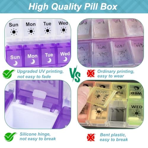 Shintop Am Pm Pill Organizer 7 Day, Push Button Weekly Pill Box 2 Times Removable Lid Medication Case Easy Fill Day Night Vitamin Container for Fish Oil Supplements (Purple & White) 6
