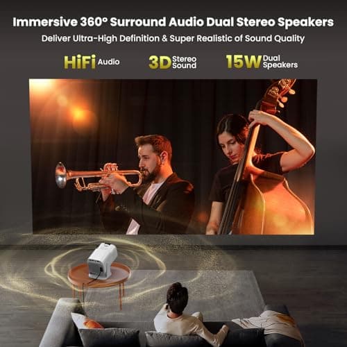 4K Projector with Wifi and Bluetooth, 1080P Native Mini Projector Portable, Compatibile with TV Stick/Memory Stick/Laptop, Smart Home Outdoor Projector-White 5