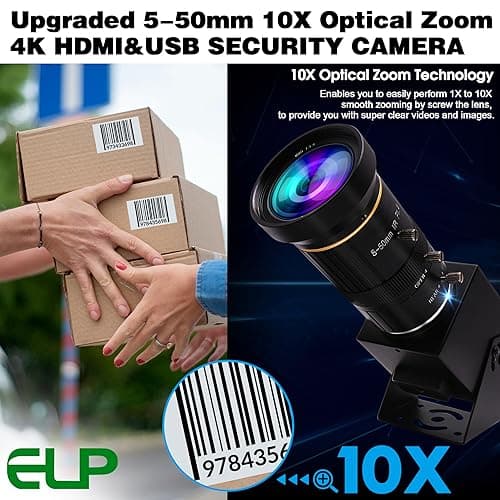 ELP 4K USB HDMI USB Camera Manual Zoom Webcam Variable Focus PC Camera Mini Close-up Camera for Computer H.264 Telescope USB Security Camera 8mp IMX415 Industrial CCTV Camera (5-50mm 10X Zoom Lens) 7