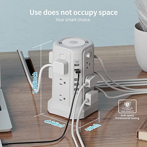 Surge Protector Power Strip Tower with 5 USB Ports and Night Light, 10FT Extension Cord with 12 AC Multiple Outlets, PASSUS Power Tower, Overload Protection for Home Office Dorm Room (White) 5