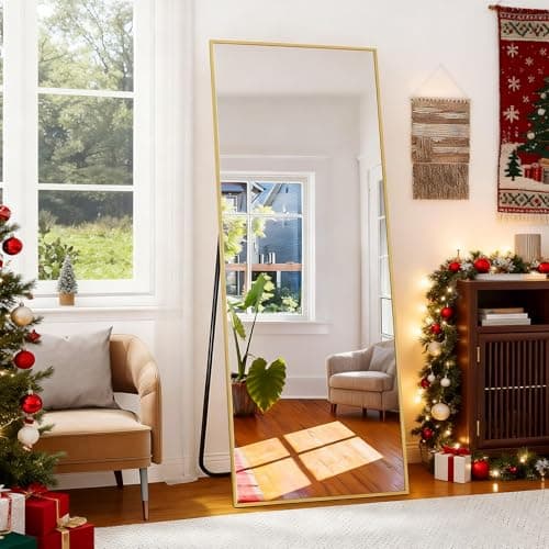 BEAUTYPEAK Full Length Mirror with Stand, 56"x21" Floor Mirror with Aluminum Alloy Thin Frame, ShatterVue Tempered Full Body Mirrors, Free Standing or Wall-Mounted Mirrors for Living Room, Gold 7