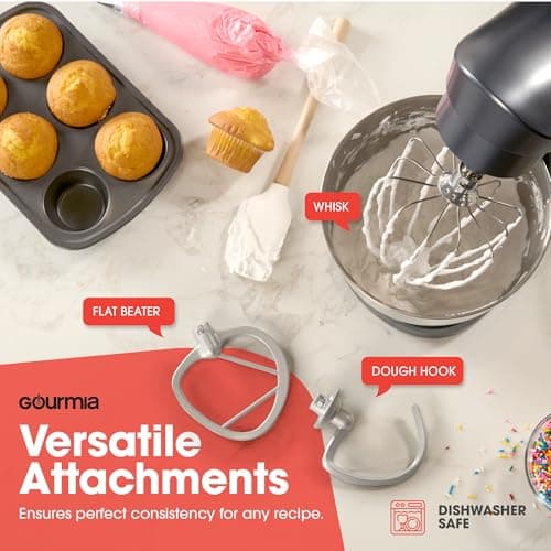 Gourmia 5 Quart 10-Speed Electric Stand Mixer with Bowl + Shield, Dough Hook, Whisk and Beater - Household Kitchen Standing Dough Maker Machine 5