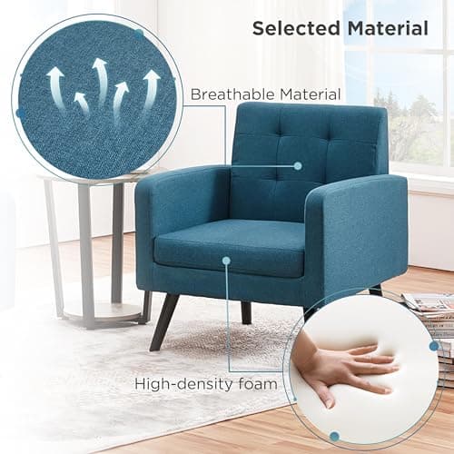 Yaheetech Mid-Century Accent Chairs, Modern Upholstered Living Room Chair, Cozy Armchair Button Tufted Back and Wood Legs for Bedroom/Office/Cafe, Navy Blue 7