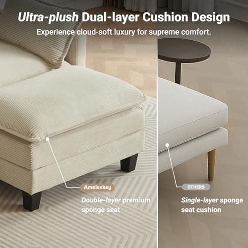 Amsleekey Modular Sectional Sofa, 111.5" U-Shaped Corduroy Comfy Sectional Couches for Living Room, 3-Seater Cloud Couches with 2 Movable Ottomans, Flexible Combination Modern Deep Seat Sofa (Beige) 5