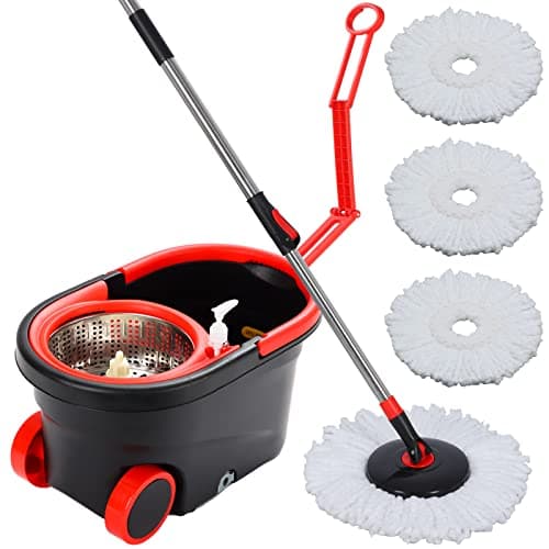 Spin Mop and Bucket with Wringer Set on Wheels, 360° Spinning Mop Bucket System with 3 Microfiber Mop Replacement Heads and 61" Stainless Steel Adjustable Handle for Floor Cleaning (25QT)