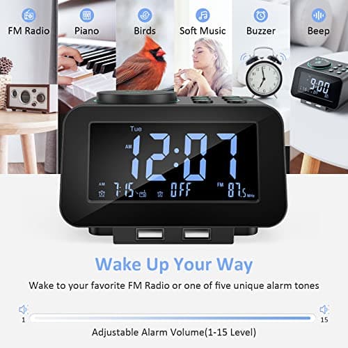 uscce Digital Dual Alarm Clock Radio - 0-100% Dimmer with Weekday/Weekend Mode, 6 Sounds Adjustable Volume, FM Radio w/Sleep Timer, Snooze, 2 USB Charging Ports, Thermometer, Battery Backup 6