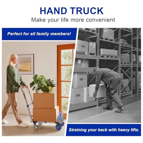 Upgraded 3 in 1 Aluminum Folding Hand Truck, 600lbs Capacity, Heavy Duty Convertible Dolly with Retractable Handle and 4 Rubber Wheels, Collapsible Cart for Moving Home, Office, Warehouse (Blue) 8