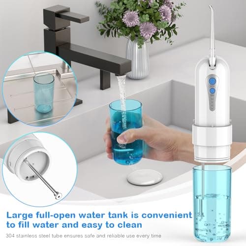 Water Dental Flosser for Teeth Cleaning and Flossing with Travel Size Case – Rechargeable Oral Irrigator, KOOVON Portable Water Flosser for Adults, IPX7 Waterproof, 5 Jet Tips & 4 Modes, Blue 8