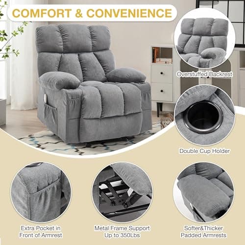 Massage Recliner Chair, Overstuffed Rocker Lazy Boy Chairs with Vibration&Gently Heat,Fabric Ergonomic Manual Nursery Chair for Living Room with Side Pocket, 2 Cup Holders&USB Charge Port, Grey 6